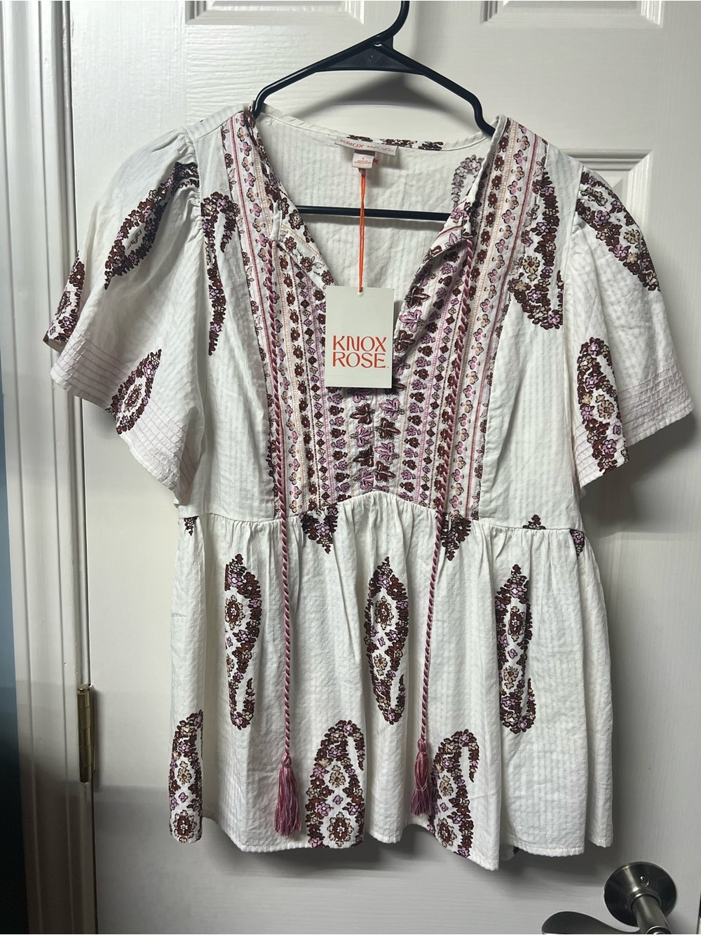 Knox Rose White Tunic Top with Pink and Brown Floral Embroidery